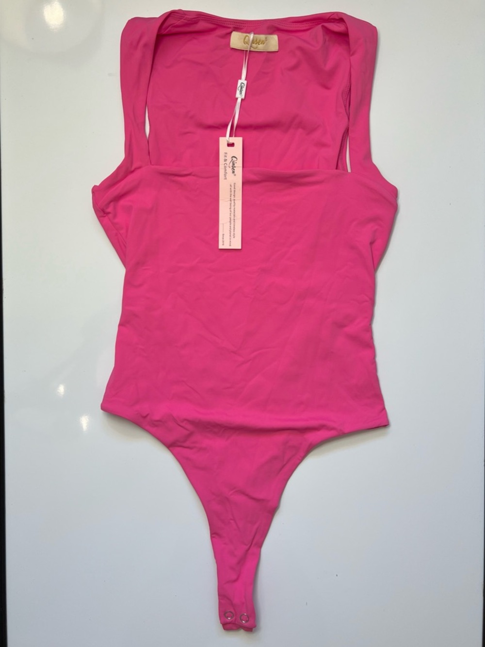 NWT Qinsen Bright Barbie Fuschia Pink Square Neck One-Piece Bodysuit Small